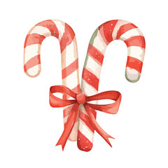 Watercolor Pair of Candy Canes Tied with a Red Bow