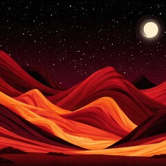 Graphic illustration of red and orange desert mountains under a starry night sky with a bright full moon, artistic landscape