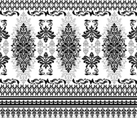 Damask fabric pattern abstract ethnic black and white vintage geometric for textile, clothes, curtains, carpets, pillows, vector, background and illustration.