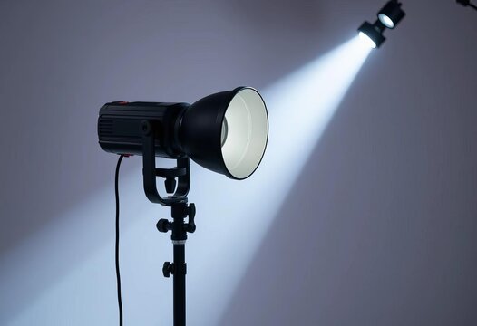 Professional studio flash strobe with conical snoot on stand, isolated,   precise lighting,  white background