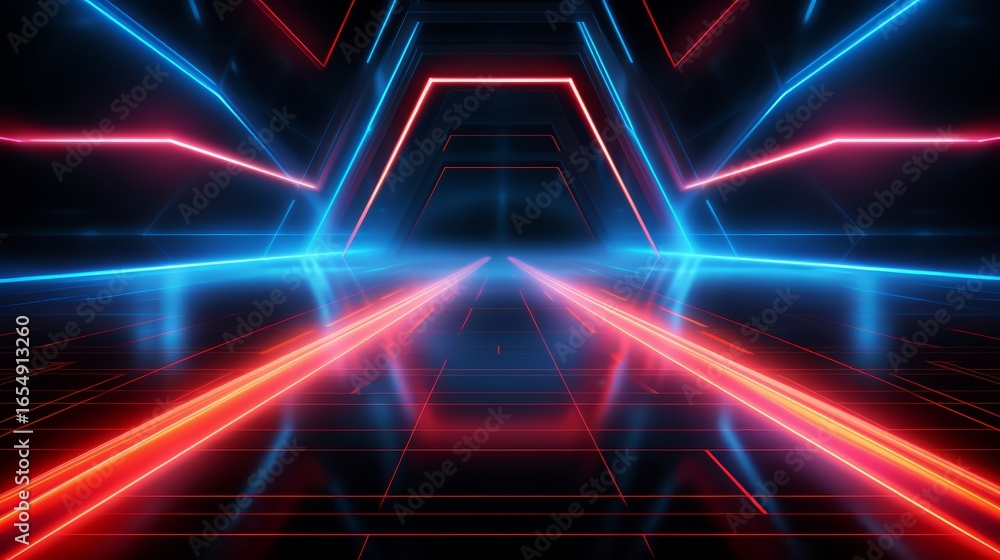 Canvas Prints neon sign with red and blue lights is displayed in a tunnel. the sign is illuminated, creating a bri