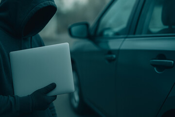 Digital Bandit and Automobile: A mysterious figure, shrouded in a hoodie, clutches a laptop near an automobile, symbolizing digital theft and potential vehicular compromise.