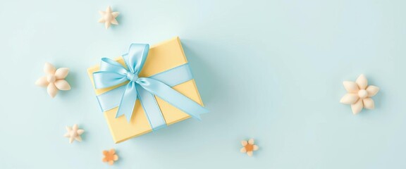 Pastel yellow gift box with sky blue ribbon on pastel blue background Top view, baby gifts, copy space,   celebration,  sky blue
