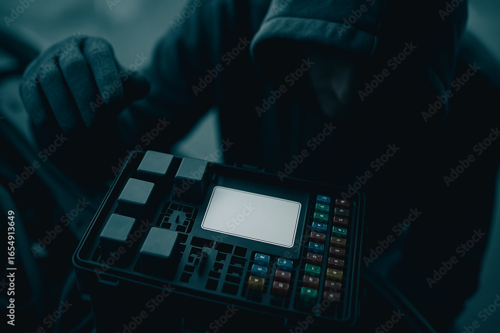 Poster digital intruder: a shadowy figure, shrouded in darkness, focuses intensely on a complex digital int