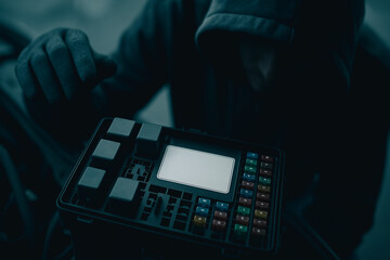 Digital Intruder: A shadowy figure, shrouded in darkness, focuses intensely on a complex digital interface, implying a story of cybercrime and sophisticated computer intrusion.