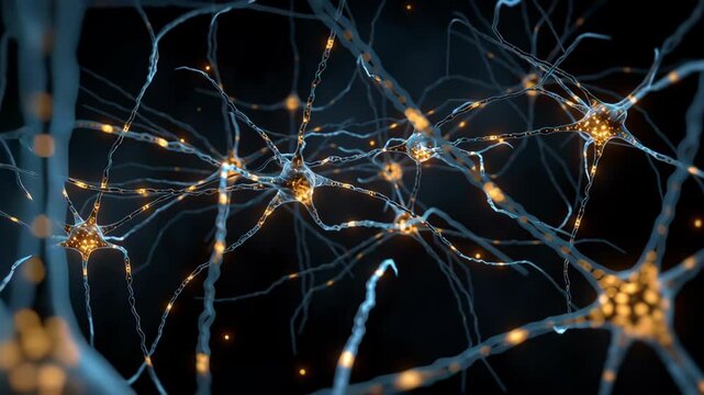 Abstract representation of neuron connectivity with glowing synapses on a dark background