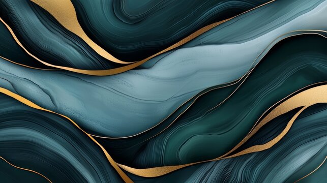 Painting of a blue and gold wave with a gold stripe. The painting has a sense of movement and depth, with the blue and gold colors blending together to create a sense of fluidity
