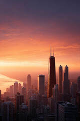 Naklejka premium Urban sunrise over a dense city skyline. The vibrant orange sky illuminates modern architecture, conveying ambition, and success. Ideal for travel, business, or cityscape themes.