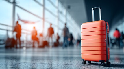 Modern Orange Suitcase at Busy Airport Terminal Ready for Travel Adventure