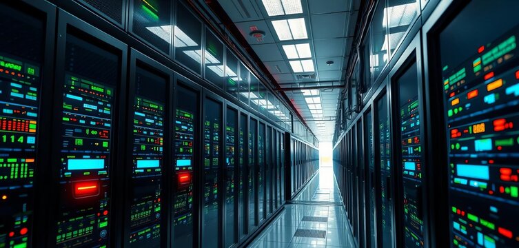 Modern server room processing smart city traffic data, cloud storage, server room, technology