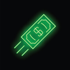 Green neon dollar banknote flying with motion trails on a black background representing fast money transfer concept