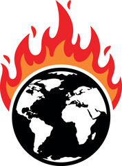 Planet earth engulfed in flames symbolizing global warming and environmental crisis with a stark black and white depiction