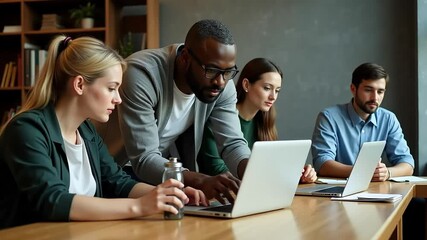 Diverse business team collaborating on a strategic project, a manager mentoring colleagues on a laptop in a modern office workspace. - Powered by Adobe
