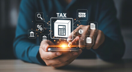 Person using a smartphone with tax related icons floating above the device screen