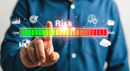 Person interacting with risk level indicator interface on a digital display screen