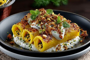 Khandvi, rolled chickpea snack on rustic plate, garnished with toppings. Concept of culinary delight featuring Khandvi, rolled chickpea snack in soft natural light.
