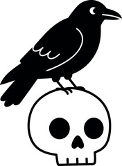Mysterious black crow perched atop a stylized human skull symbolizing death mystery and the macabre in a simple graphic illustration