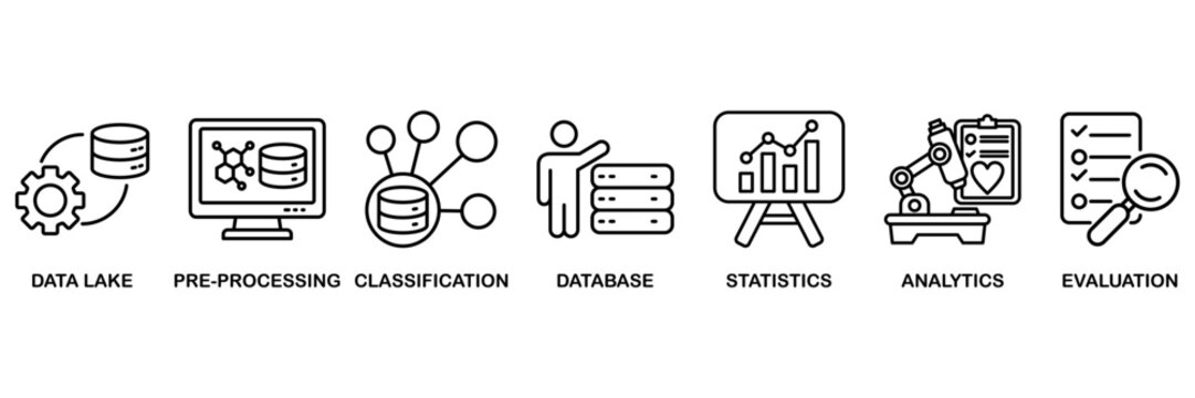 Data engineering banner web icon vector illustration concept for� data lake, pre-processing, classification, database, statistics, analytics and evaluation