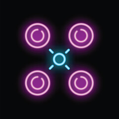 Neon sign representing a drone flying in the night, with its four motors and its blue central light