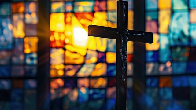 A cross in front of a stained glass window, suitable for religious or inspirational uses