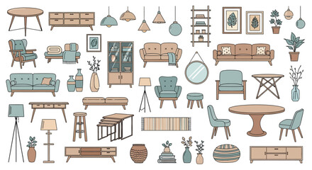 Furniture and home decor vector illustration set isolated art