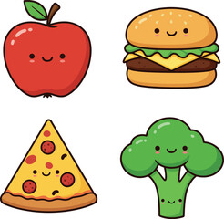 Four cute cartoon food illustrations featuring a happy apple a cheeseburger a slice of pizza and a broccoli floret