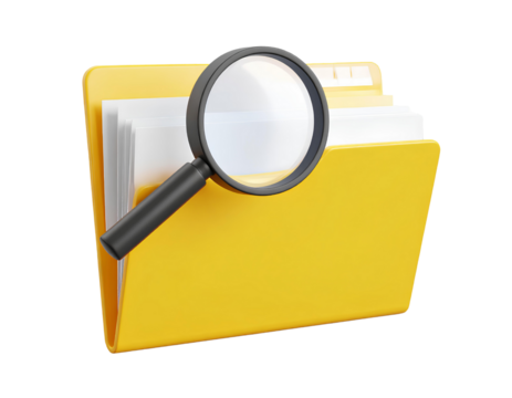 Yellow file folder with magnifying glass on top, document search icon concept, isolated on transparent background.