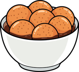 A white bowl filled with delicious golden brown fried dough balls or fritters in a rich brown sauce or syrup