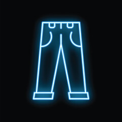 Blue neon sign shaped like a pair of pants glowing on a black background