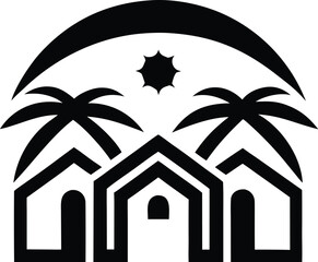 Tropical beach houses scene with palm trees and ocean view