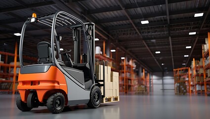 Fototapeta premium Forklift truck in a modern warehouse with shelves and boxes