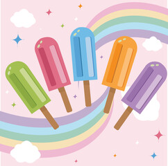 Colorful Rainbow Popsicle Vector Illustration with Cute Clouds and Sparkling Stars on Pink Background for Kids Products, Party Invitations, Summer Posters, and Sweet Dessert Designs