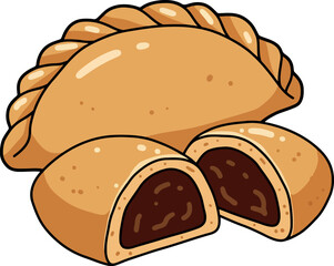 Delicious golden brown pastry filled with rich chocolate one pastry cut in half revealing the sweet filling