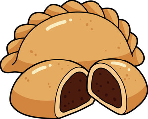 Delicious golden brown pastry filled with rich dark chocolate presented as a whole and one cut in half