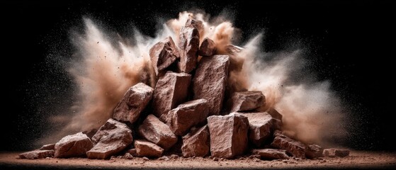 Dramatic Rock Pile Explosion with Dust Cloud on Black Background Studio Shot Action Geology Mineral Resource Extraction