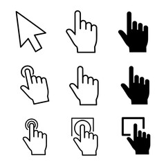 Obraz premium Set of nine cursor icons showing pointer hand and touch gestures finger click