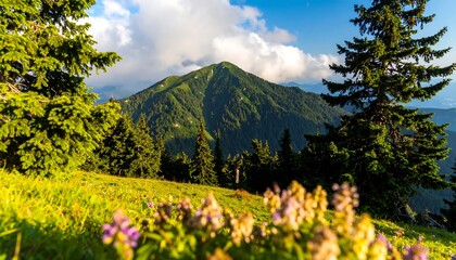 A sprawling vista of lush green mountains, a meadow of wildflowers, and towering evergreens under a partly cloudy sky.