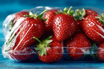 Fresh strawberries wrapped in plastic film on turquoise background