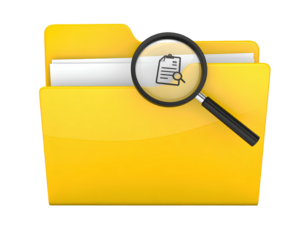 Yellow file folder with magnifying glass on top, document search icon concept, isolated on transparent background.