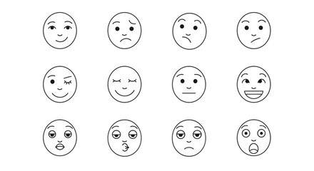 Collection of twelve simple face drawings showing different emotions and expressions in a grid format