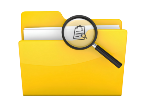 Yellow file folder with magnifying glass on top, document search icon concept, isolated on transparent background.