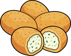 Delicious golden brown potato croquettes filled with creamy white filling and herbs presented as a tempting snack or appetizer