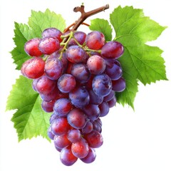 Fototapeta premium Fresh Red Grapes Bunch Still Life with Green Leaves Isolated on White Background Close Up Studio Shot