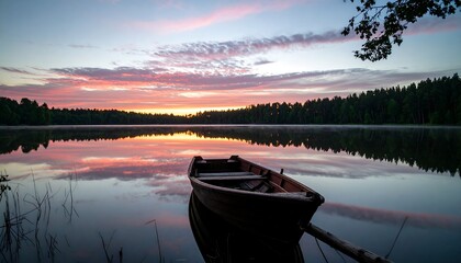 A serene lake sunrise scene, showcasing a tranquil wooden boat moored on the water's edge, bathed in the soft hues of dawn.
