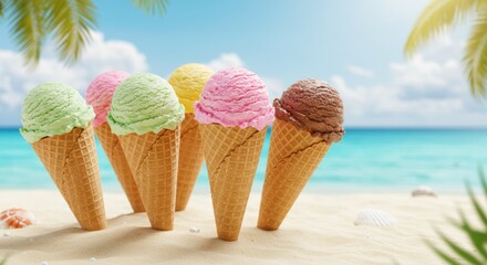 Vibrant ice cream cones on sandy beach with tropical ocean backdrop evoke summer bliss and sweet refreshment