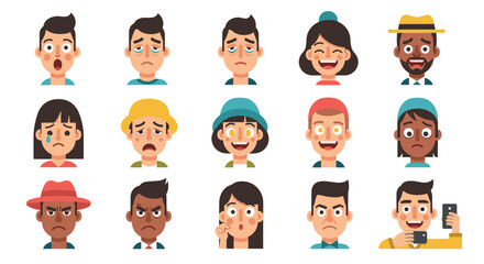 Illustration of fifteen cartoon faces displaying a variety of different emotional expressions and reactions