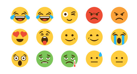 Naklejka premium Collection of fifteen different oval shaped emojis displaying a variety of human emotions and expressions