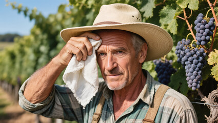 Fototapeta premium Older male farmer wiping sweat in a vineyard with ripe purple grape clusters hanging on vines under the summer sun