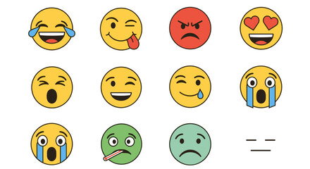 Fototapeta premium Collection of emoji faces showing different emotions including happy sad angry and sick expressions shown