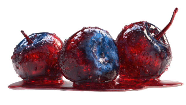 Three glossy, red and blue fruit, dripping with red liquid